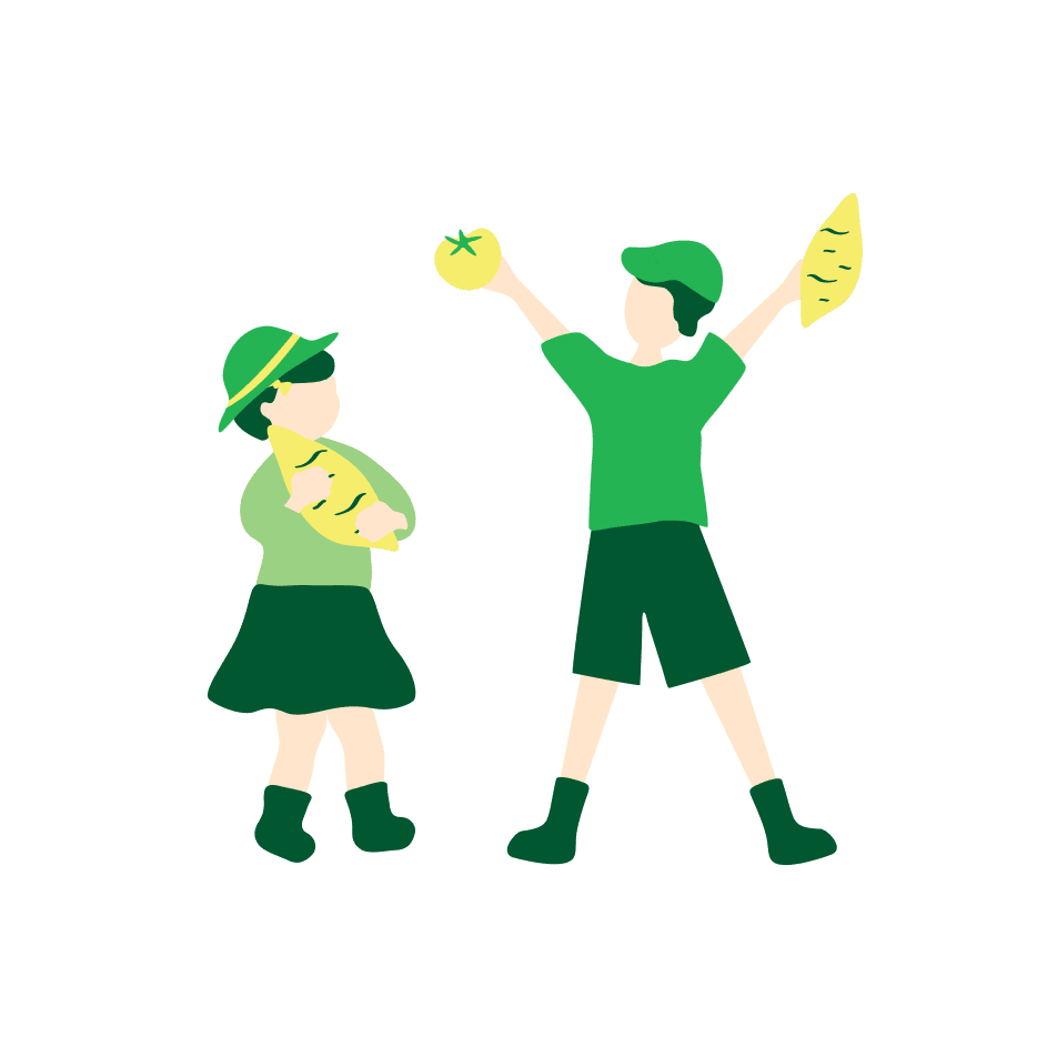 収穫した野菜を持つ子どもたちのイラスト