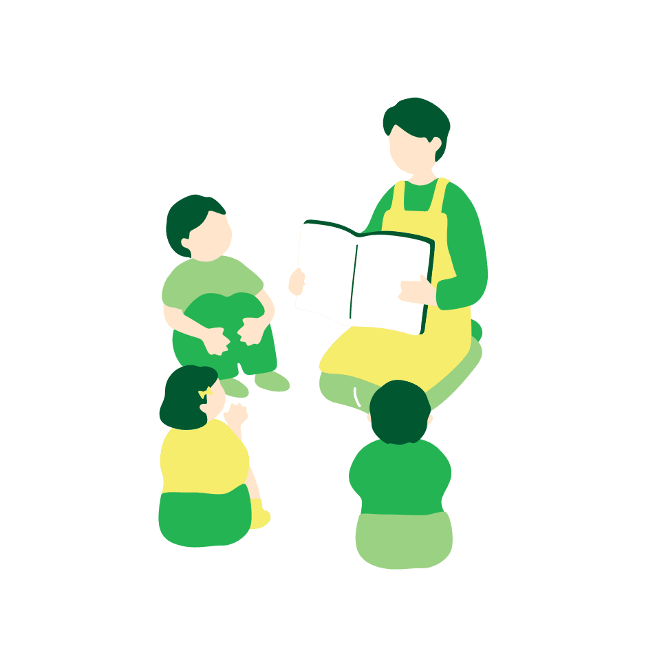 絵本を読み聞かせる人と子どもたちのイラスト