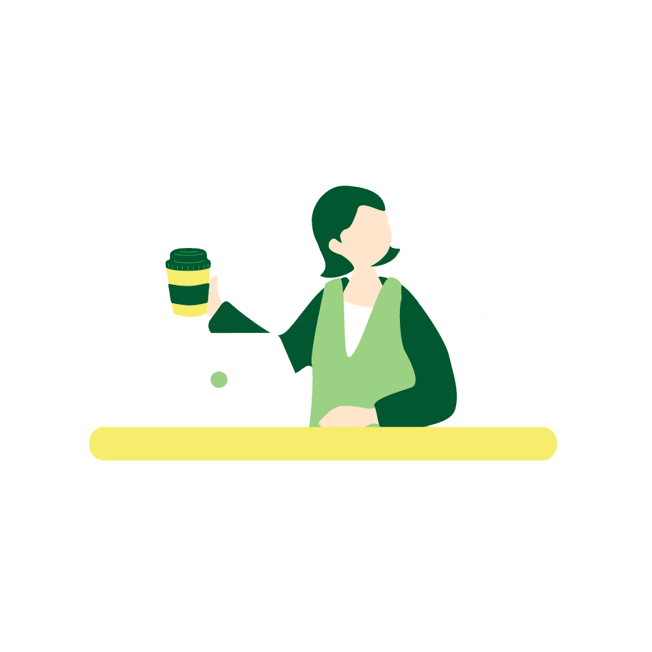 ノートパソコンの前でカップを持つ人のイラスト